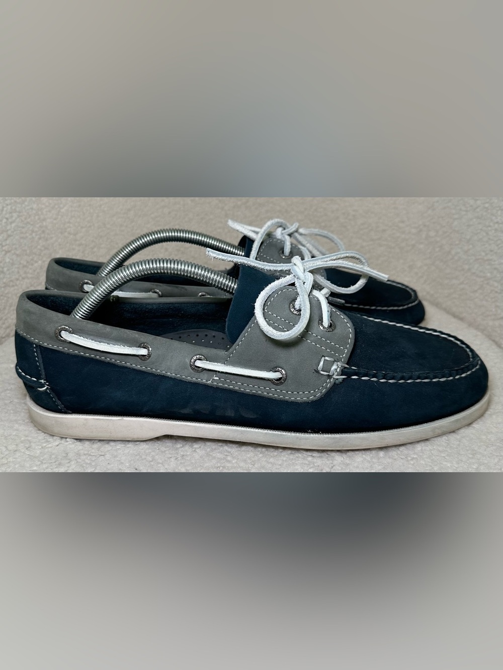 L.L.Bean Casco Bay Boat Shoes Men’s Navy Blue Gray Leather Dock Loafers Preppy
